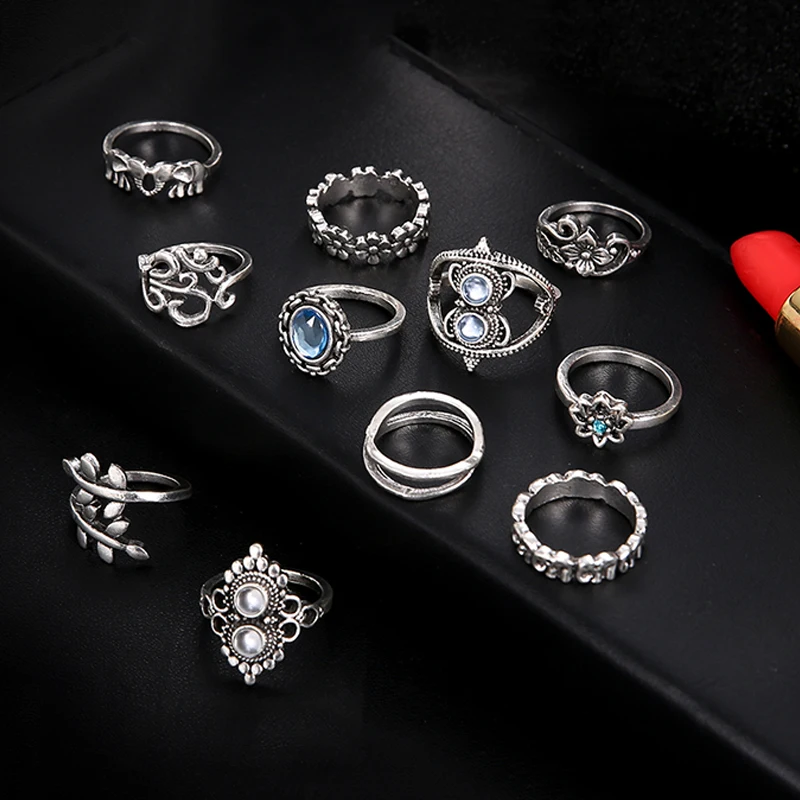 11 pcs/set Bohemian retro elephant flower leaves cross exaggerated gem silver ring set women Wedding Party Jewelry Accessories