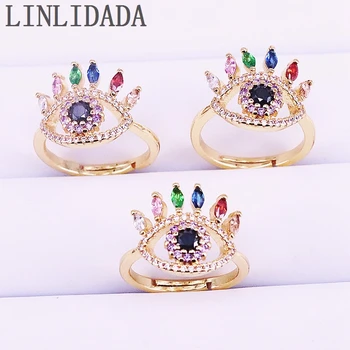 

8Pcs Fashion jewelry Gold-Color paved rainbow colorful cz Eye Adjustable ring for women Wedding jewelry