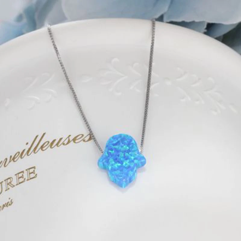 Qevila hamsa hand Necklaces Fashion Blue Opal Crystal Pendant Necklace for Women  Long Chain Necklace Jewelry (4)