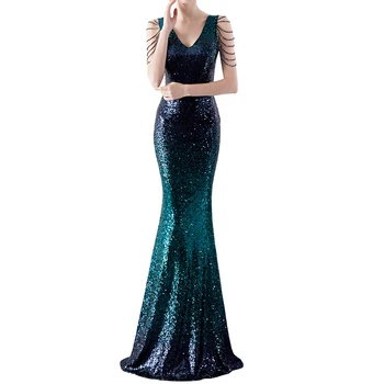 

Chic Beading Fringe Women'S Long Dress Luxury Sequined Floor-Length Mermaid Long Evening Party Dress Silver Gold Purple Vestido