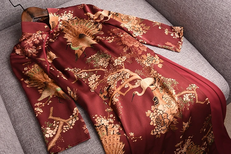 Красный павлин изменение aodais cheongsam Длинные элегантные китайский стиль четверти рукав тонкий платье женский весна и осень зимнее Ципао
