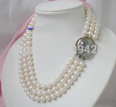 

~~ Free Shipping >>3strands 8-9mm round white FW pearl necklace 17-19