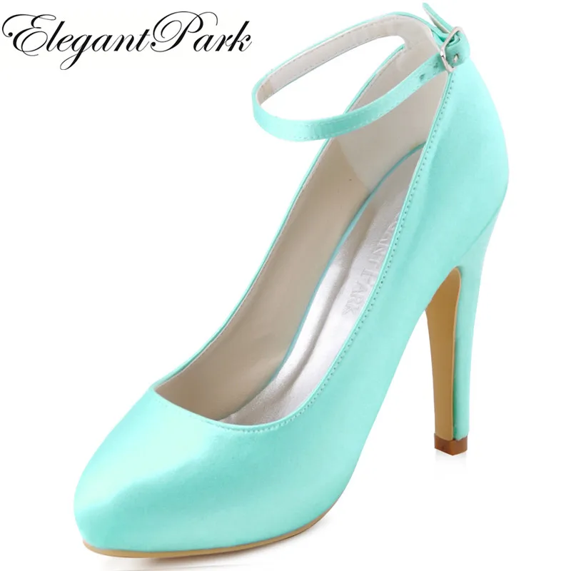 

Women's Evening Party Pumps Mint Red Round Toe High Heels Platform Ankle Strap Satin Bridesmaid Bride Wedding Prom shoes EP11049