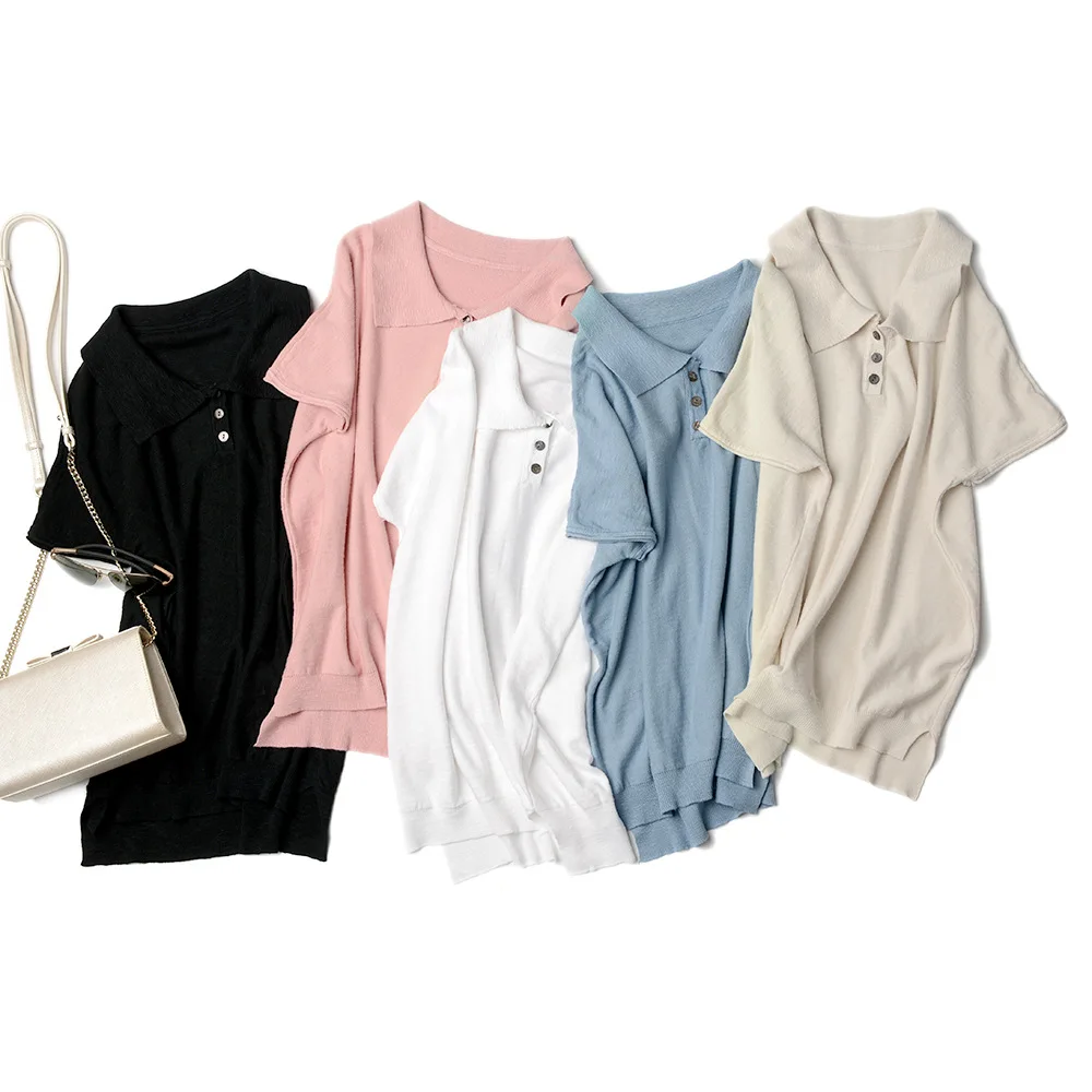 

Vintage Bamboo Linen Loose summer knit t-shirt Women short sleeve turn down collar t-shirt cute button top girl sweet tee shirt