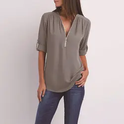 Модные женские летние шифоновые рубашки с v-образным вырезом пуловер на молнии свободные с длинными рукавами повседневные топы HSJ88