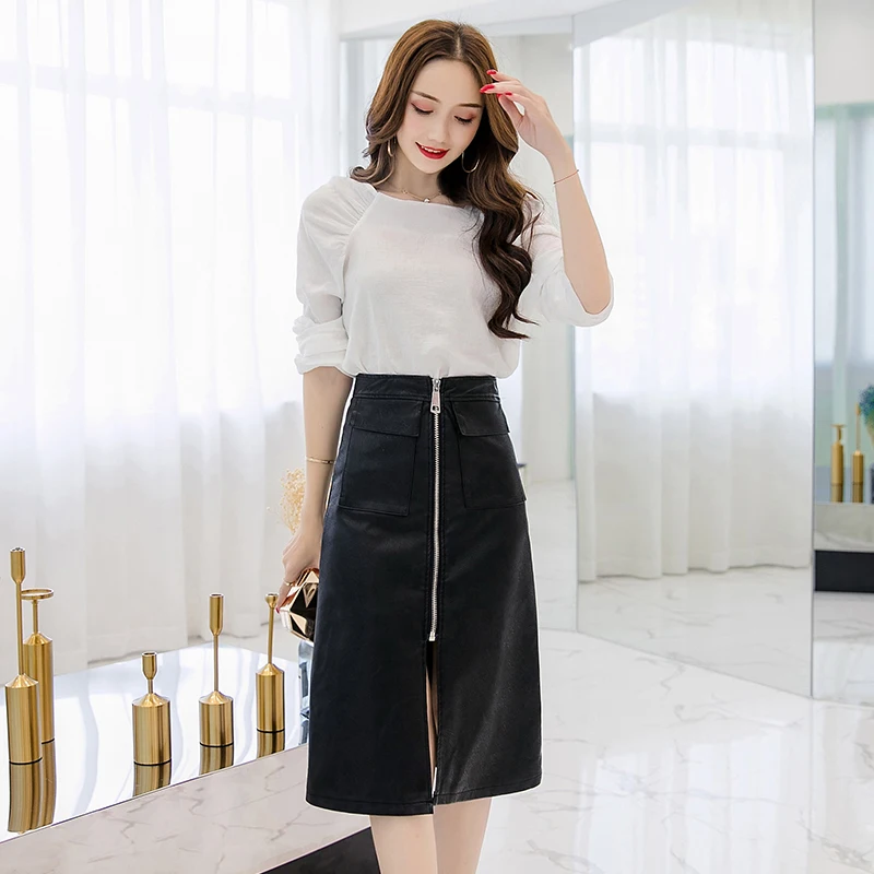 2018 Pocket Zipper Split Faux Leather Skirt Fashion Autumn Winter Black