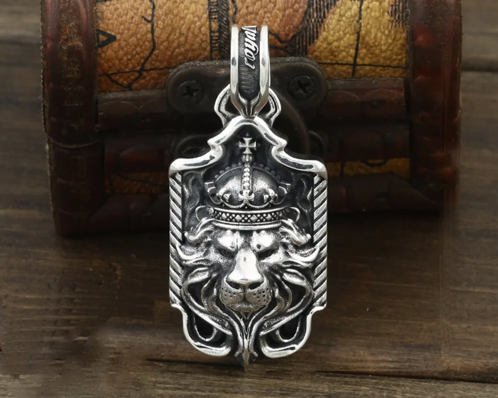 

DL S925 stering silver Huge heavy lion shield pendant Punk cool men for Christmas gift D118