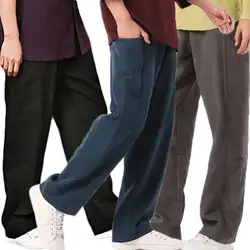 2019 новые модные повседневные мужские льняные хлопковые широкие брюки, однотонные спортивные штаны для фитнеса, прямые брюки