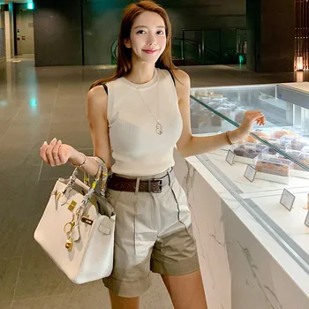 

Foamlina Women Shorts Suits Fashion Summer Two Pieces Sets O Neck Sleeveless Knit Top and Belted Straight Leg Short Pants Suits