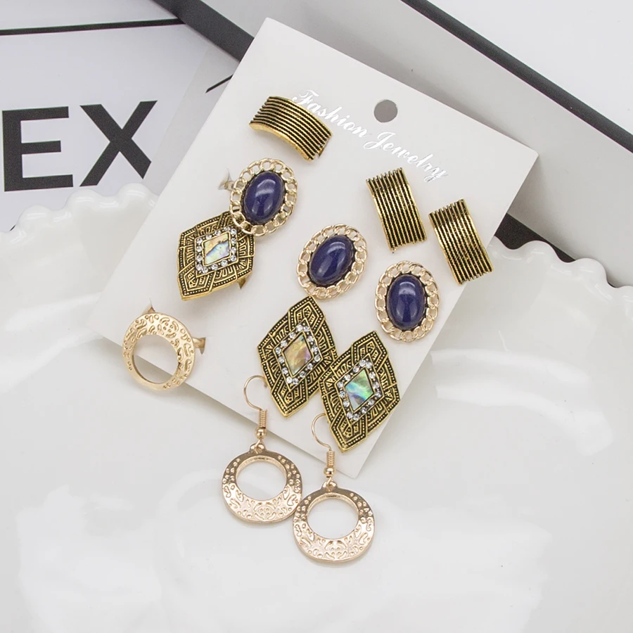 12 stücke Vintage Antient Gold Ohrringe Ring Schmuck Sets Beinhalten 4 Ringe 4 Pairs Ohrringe Großhandel Punk Kristall Edelstein Schmuck set