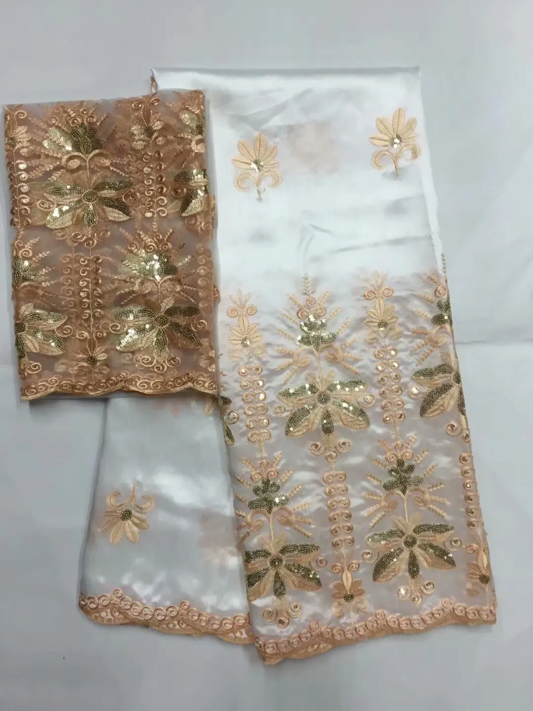 Африканский Джордж кружевной ткани с блузкой индийский персик французский блесток чистая кружевная ткань для нигерийское свадебное платье Шелковое кружево 5+ 2