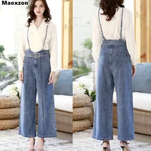 Maoxzon для женщин модные свободные бретели джинсы для женщин новые элегантные синие с высокой талией широкие Длинные ремень джинсовые брюки с нагрудником комбинезоны