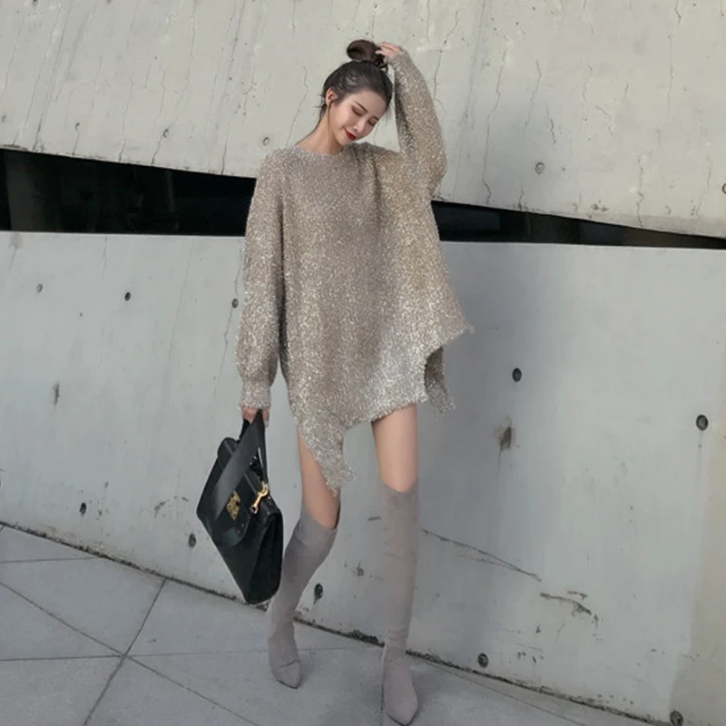 Cakucool 2020 Sweater Women Pull Femme Asymmetric Design Shiny Silver Lurex Christmas Korean Oversize Mid Long Jumpers | Женская одежда