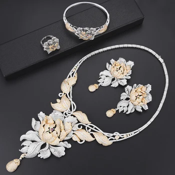 

4 PCS Luxury Chrysanthemum Cubic Zirconia Nigerian dubai wedding jewelry sets Necklace Earrings Bracelet Ring jewelry For Women