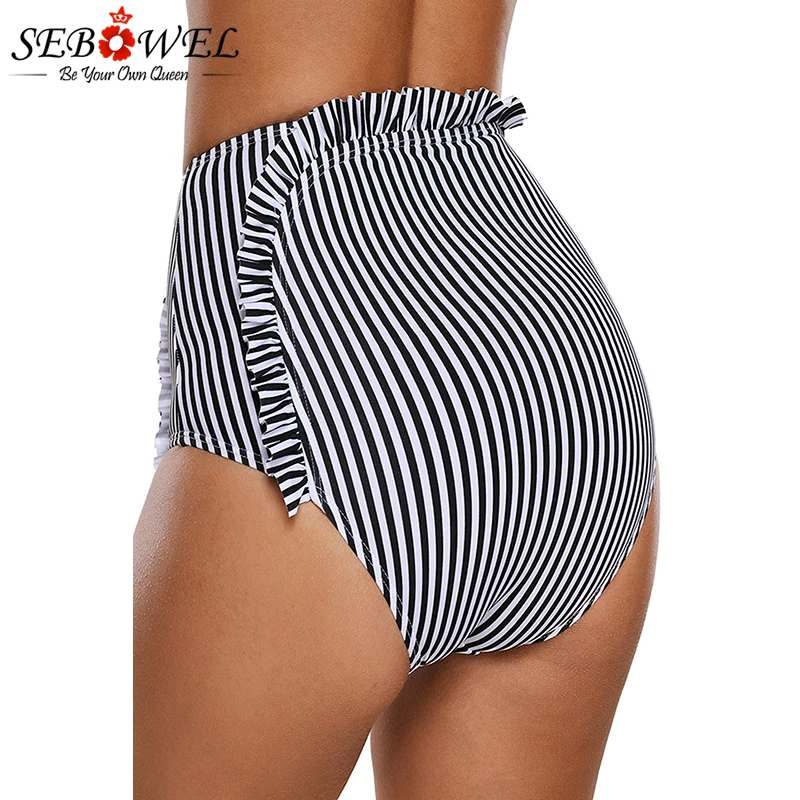 SEBOWEL, сексуальное бикини в черно-белую полоску с высокой талией, асимметричная отделка рюшами, женские шорты для плавания, женские трусики 3XL