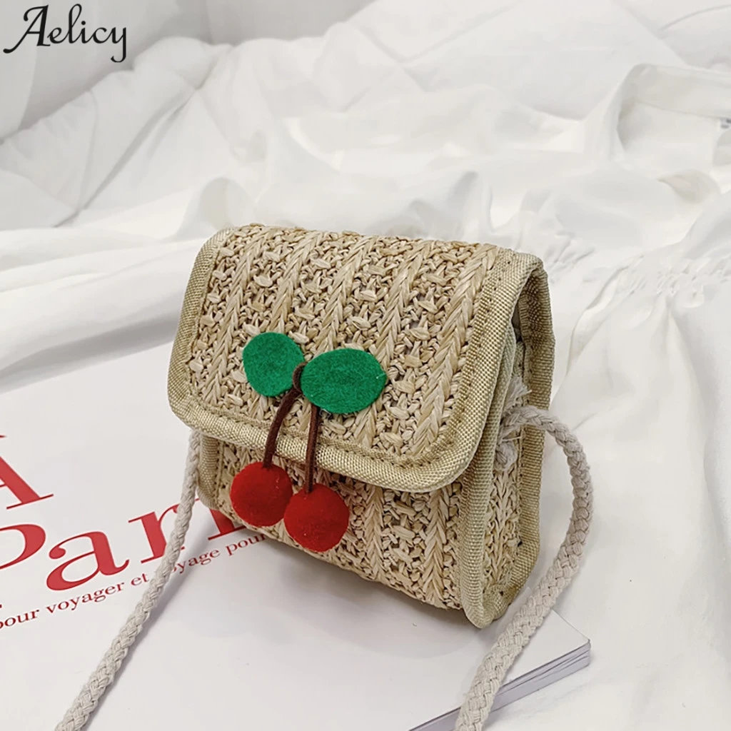 

Aelicy Children Cherry Appliques Flap Bag Fashion Staw Shoulder For Girls Unique Designed Weaving Messenger Bag Hot Sales