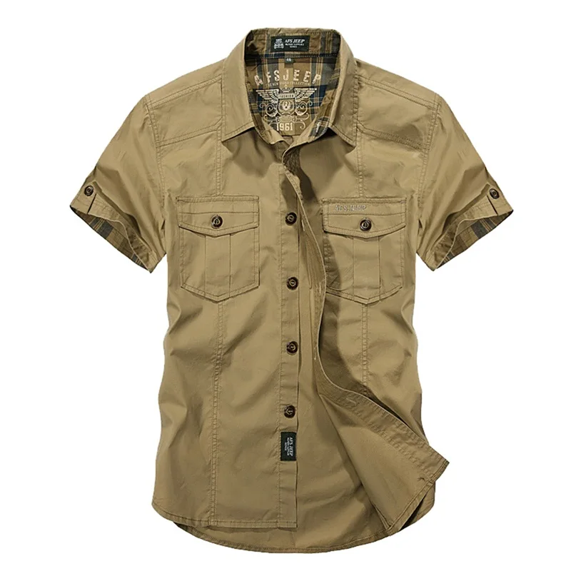 Мужская мода Jeep хлопковые мужские рубашки с коротким рукавом приталенная рубашка в Военном Стиле мужские Топы повседневные мужские футболки - Цвет: Хаки