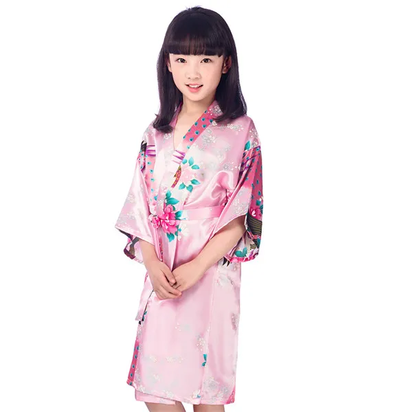 Фиолетовое детское атласное кимоно с цветочным рисунком; халат подружки невесты; платье с цветочным узором для девочек; детский халат; одежда для сна; домашний халат для маленьких детей - Цвет: Pink