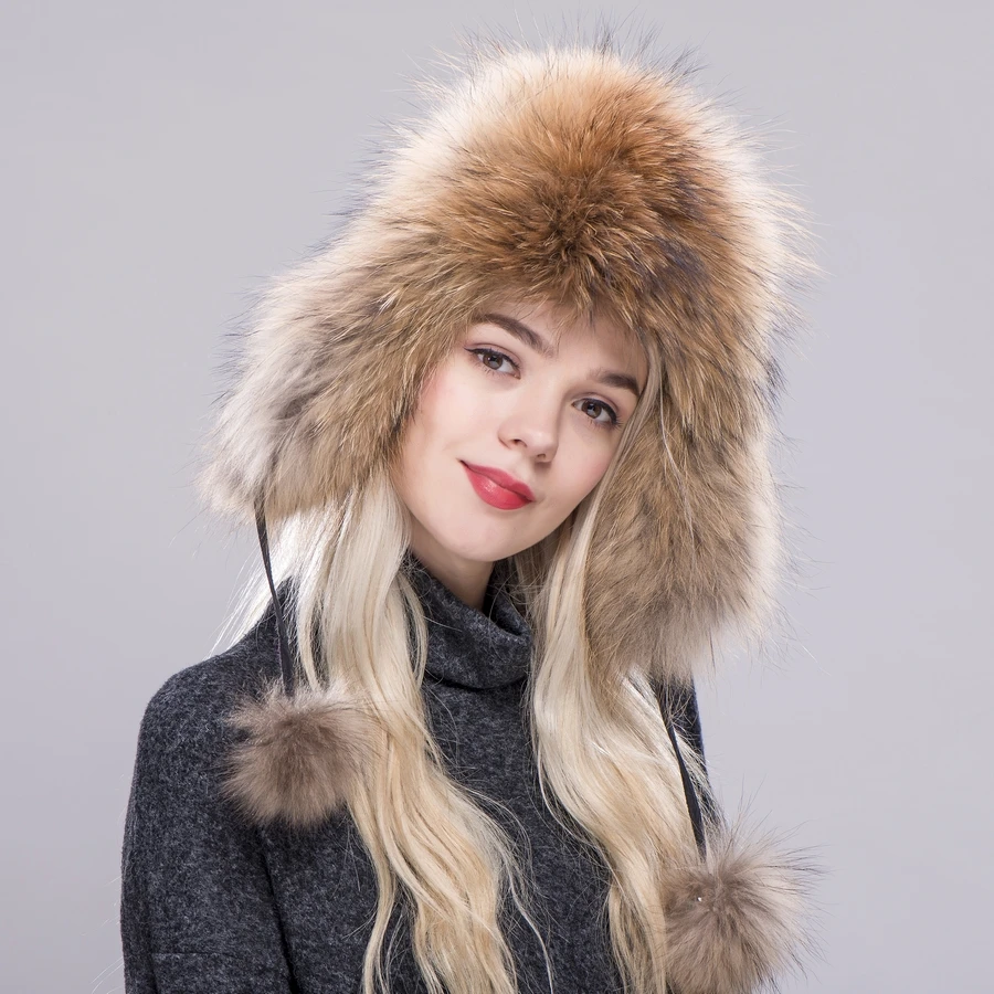 FXFURS Fur Hat for Women Natural Raccoon Fox Fur Russian Ushanka Hats