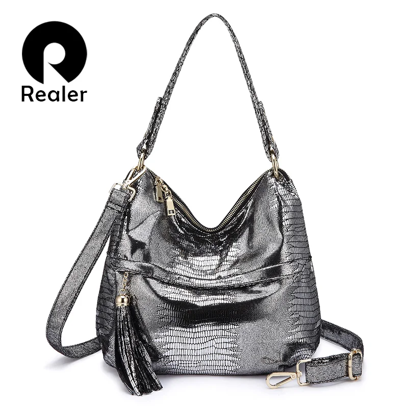 

REALER shoulder bag women Tassel handbags high quality hobo bag female artificial leather crossbody bag animal prints for Ladies