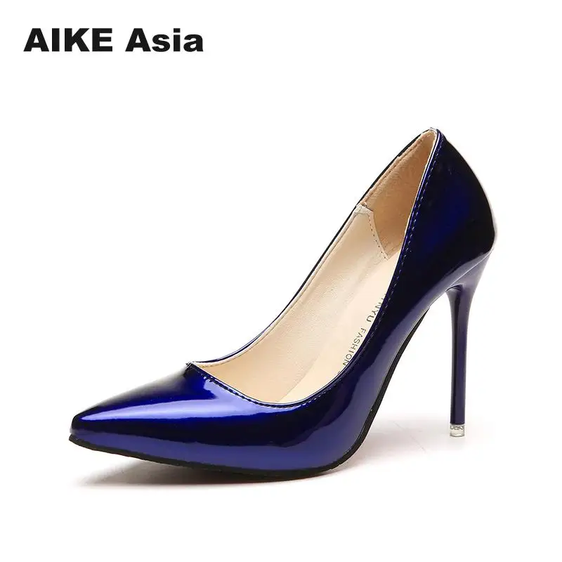 2018 Hot Women Shoes Pointed Toe Pumps Patent Leather Dress High Heels Boat Wedding Zapatos Mujer Blue Wine Red Lady Blue