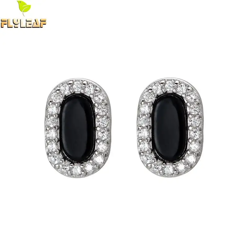 

Flyleaf 925 Sterling Silver Oval Black Agate stud Earrings For Women Simple Cubic Zirconia Fine Earings Fashion Jewelry Party