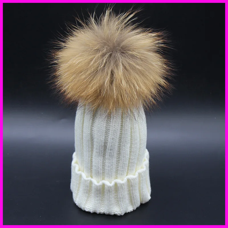 2016 Fashion Children Winter Raccoon Fur Hats 100% Real 15cm Fur pompom Beanies Cap Natural Fur Hat For Kids Children