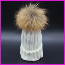 2014 Fashion Children Winter Raccoon Fur Hats 100% Real 15cm Fur pompom Beanies Cap Natural Fur Hat For Kids Children