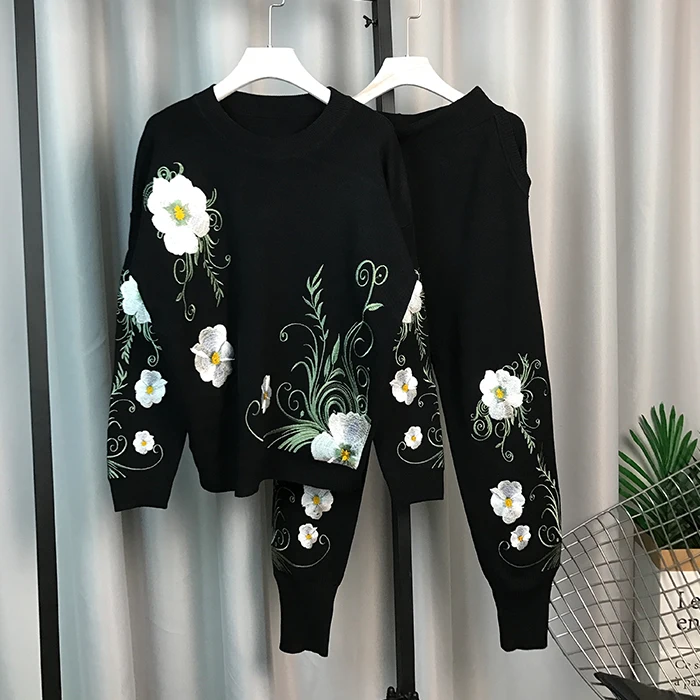 over Ensembles Costume Mode Tricoté Pièce Broderie gris Européenne Noir Pull Fleur Nouvelle De Tricots Manteau Haute Pantalon Femmes Qualty Dames Harlem 2 OqnAfFS
