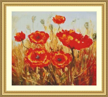 

-53-47 Red Poppy in Field Counted Cross Stitch Cartoon Cross Stitch 14CT Cross-Stitch Kit Handmade Embroidery Needlework