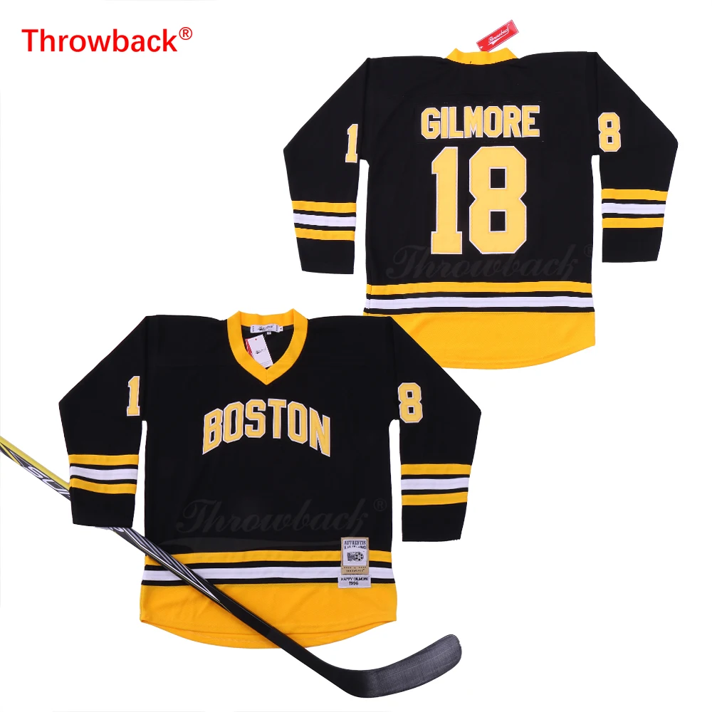 

Throwback Men's Boston #18 Happy Gilmore Hockey Jersey Black Yellow White Embroidery Jersey Cheap