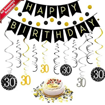 

30th Birthday Party Decorations Kit For Men Women Black Gold Happy Birthday Banner Hanging Swirls Circle Dots Hanging Decoration