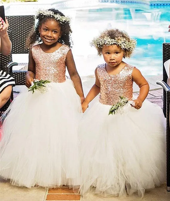 

One piece bling Blush golden sequins flower girl dress floor length jewel neck sleeveless kid tutu dresses for wedding and party