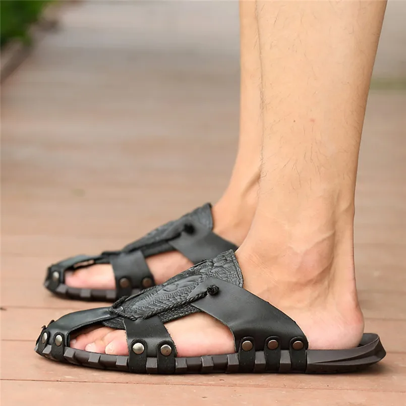 

Men's Hollow Out Leather Beach Breathable Flat Shoes Slippers Shoes Mans footwear terlik kapcie Slides 40jy15