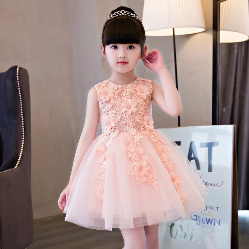 

Royal Pink Flower Girl Dress Princess Girls Dresses Knee-Length Ball Gown Children Summer Dress Appliques Party Dress AA248