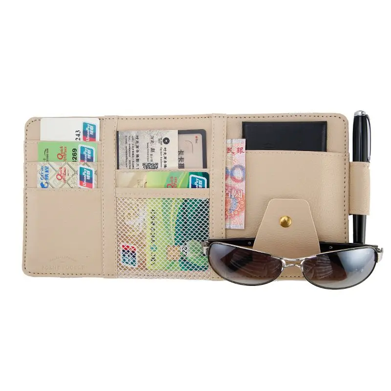 

Car Front Gear/Sun Visor Storage Bag High-Grade PU Leather Stowing Tidying CD Driving Document Ticket Storage Glasses Clip Auto