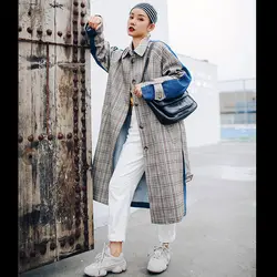 Sharezz 2019 клетчатое контрастное ретро пальто новая мода Женский Тренч для женщин длинное пальто ветровка Vestido