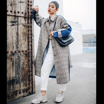 

sharezz 2019 Plaid Contrast Color retro Overcoat New Fashion Female's Trench For Women Long Coat windbreaker Vestido