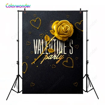 

Love Theme Photography Background Golden Rose with Leaves 5x7ft Black Backdrops with Hearts for Valentine's Day Party Decortaion
