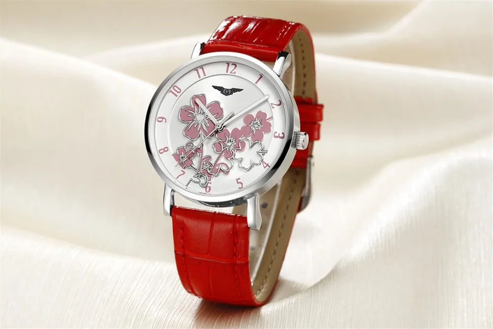 Watches Women Fashion Watch 2016 GUANQIN relogio feminino Luxury Flower Design Dial Quartz Watch Ladies Red Leather Wristwatch (1)