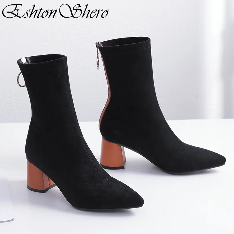 

EshtonShero Winter Women Ankle Boots Shoes Woman Square High Heel Zipper Mixed Color Orange Ladies Motorcycle Sock Boot Size 3-8