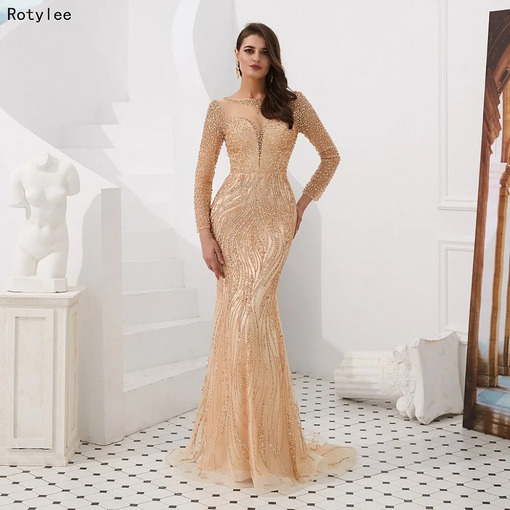 

Gold Tulle Mermaid Prom Dress with Heavy Beads Long Sleeves Elegant Evening Dress 2019 Luxury Formal Dress Women Elegant