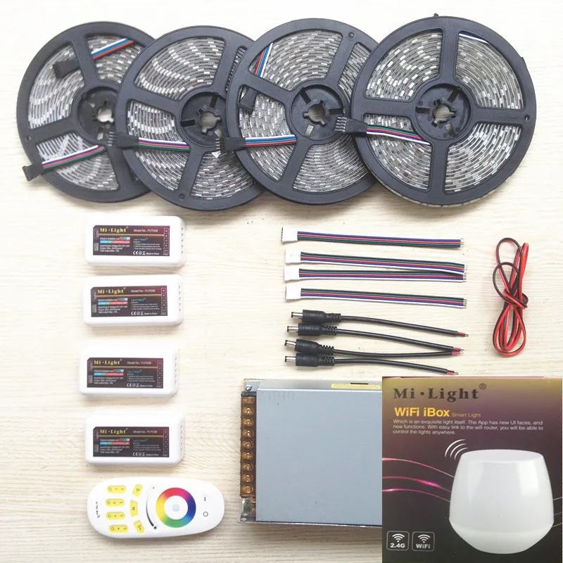 20 м WIFI mi light Светодиодная лента RGBW RGB 5050 12 В водонепроницаемая + 4 шт. контроллер