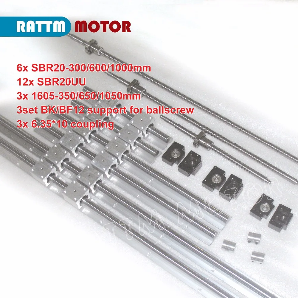 La UE gratis IVA 3 husillo de bolas SFU1605-350/650/1050 + 3BK/BF12 y 3 Unidades BK/BF12 y 6 unids SBR20 guía lineal rieles y 3 acopladores para CNC Kit - 2