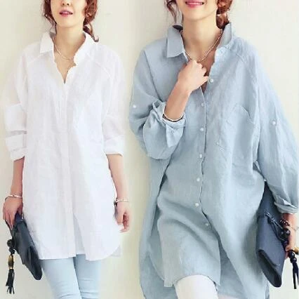 Mujeres sociales étnicas otoño algodón y lino blanco blusas elegantes de manga larga Kimono camisas tops blusas para señoras A431|Blusas camisas| -