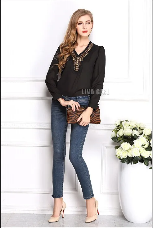 

The new Dingzhu badges V collar long sleeved chiffon shirt loose shirt large code shirt