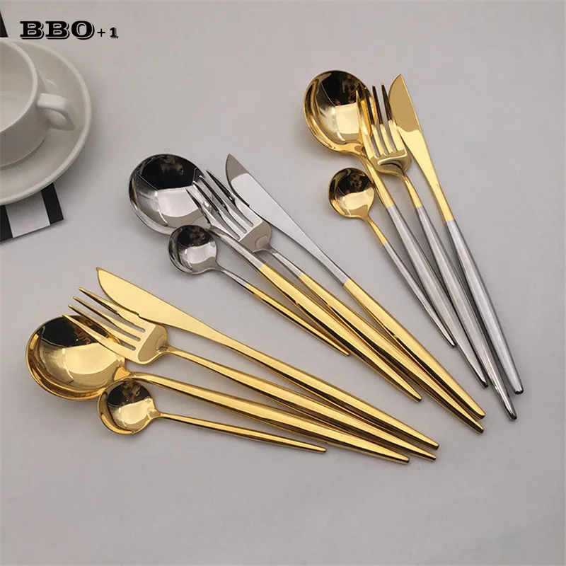 4pcs Good Mirror Gold Dinnerware Sets 304 Stainless Steel Silver Dining