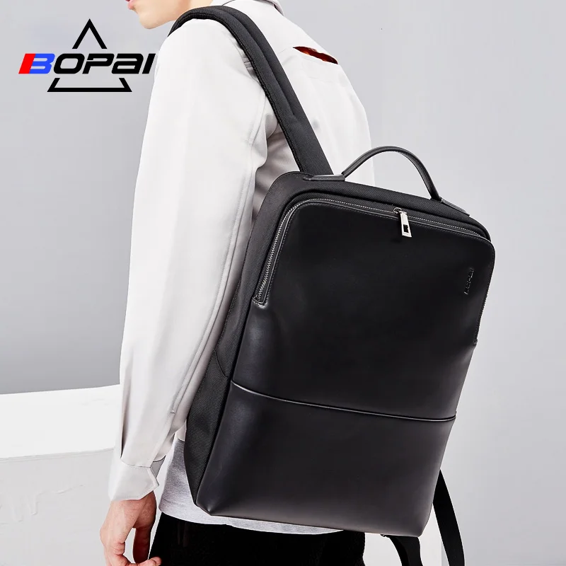 Günstige 2018 BOPAI Kühlen Herren Rucksäcke Mann Rucksack 14 zoll Laptop Tasche Schulranzen Student Männer Reise Leder Rucksack Taschen Schwarz bagpack