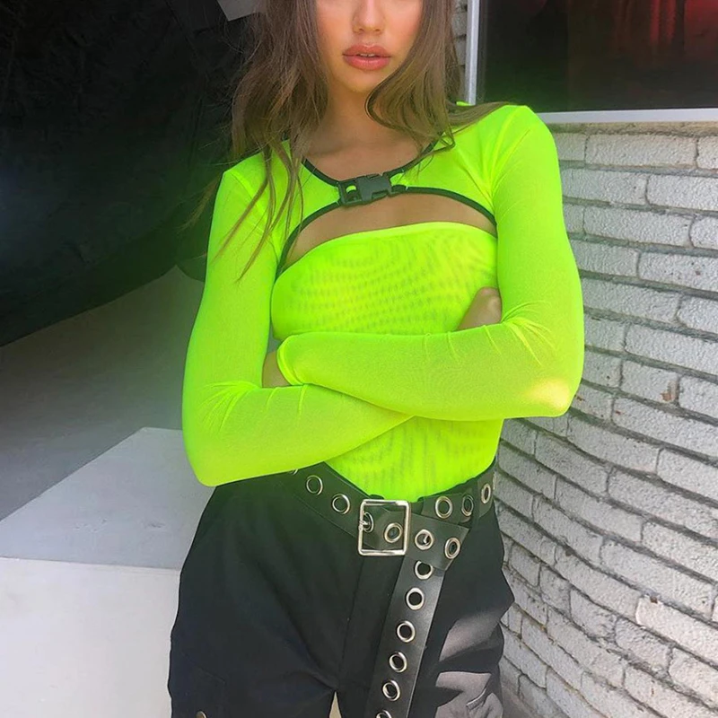

Neon Green Mesh Buckle Long Sleeve See Through Patchwork One Piece Bathing Suit Women Sexy Monokini Summer Beachwear New Fashion