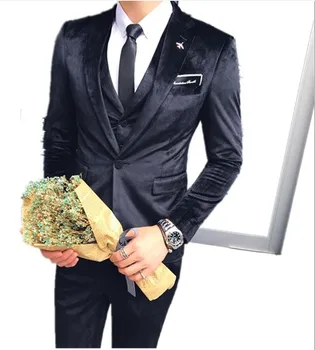 

(Tops + Pants + Vests) Gold Velvet Suits Wedding Slim Korean Three-piece Men's Fashion New England Wind Night Suit